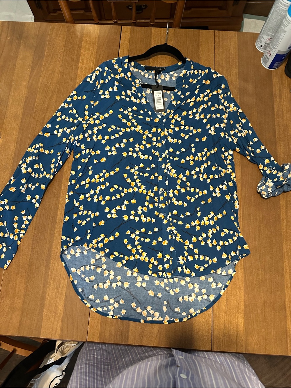 Max Studio Blue Button-Down Blouse with Yellow Floral Print